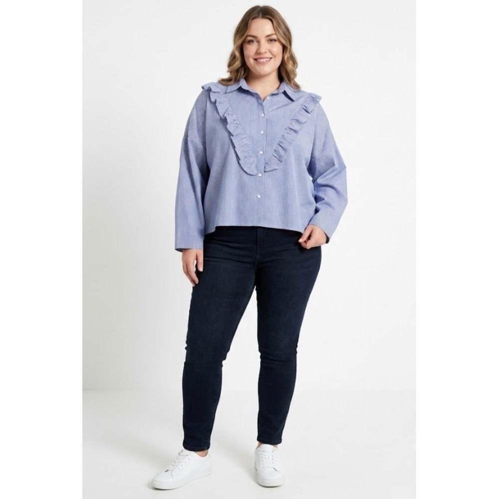New Elvi Blue White Ruffle Detail Drop Shoulder Relaxed Fit Button Down size 16‎